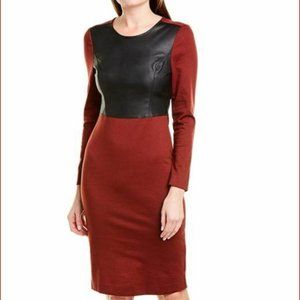 BCBG MAXAZARIA FAUX LEATHER PANEL LONG SLEEVE BURGANDY HOLIDAY XMAS RED DRESS